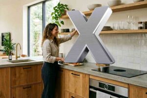 donna ripone cose sui pensili e una grossa x copre tutto