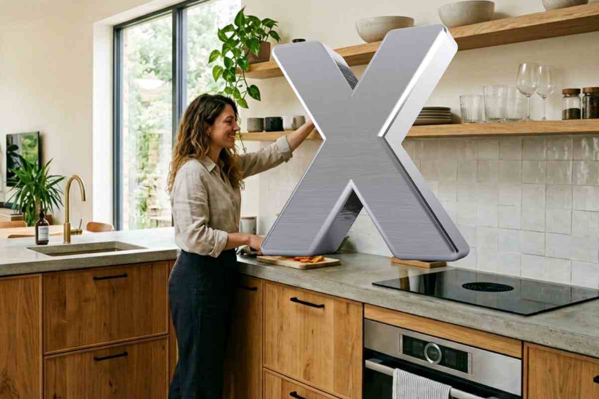 donna ripone cose sui pensili e una grossa x copre tutto